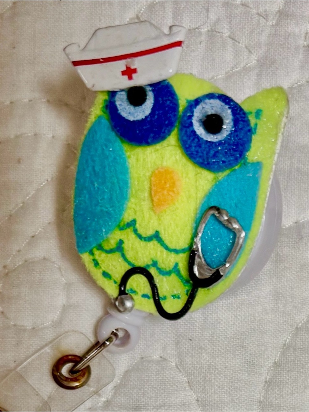 Cute Nurse Owl Badge Reel in Neon Yellow & Teal